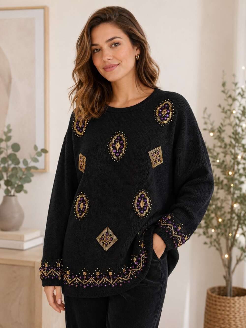 Vintage Marnie West Black Purple Beaded Sequin Sweater | L
